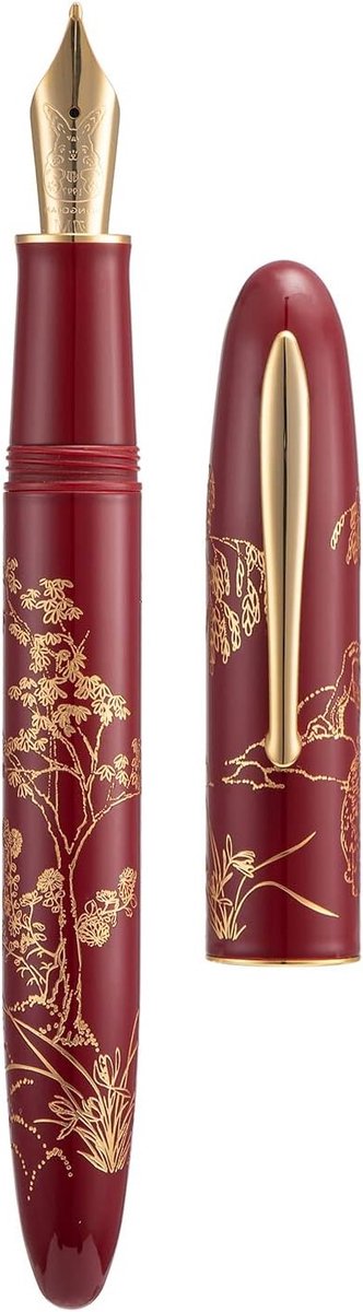 Rode Vulpotlood met Lange Medium Nib, Gouden Afwerking en Gelukkige Konijn Gravure, Inclusief Converter en Metalen Pennendoos voor Soepel Schrijven