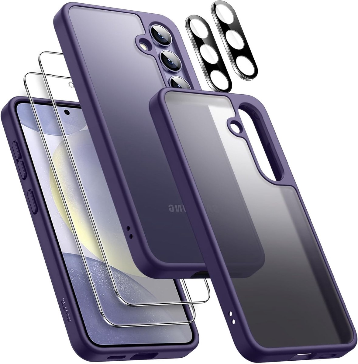 5 in 1 Matte Hoes voor Samsung Galaxy S24 5G met 2 Screen Protectors en Camera Lens Bescherming, Translucente Achterkant, Gehard Glas Film en Duurzaam Design
