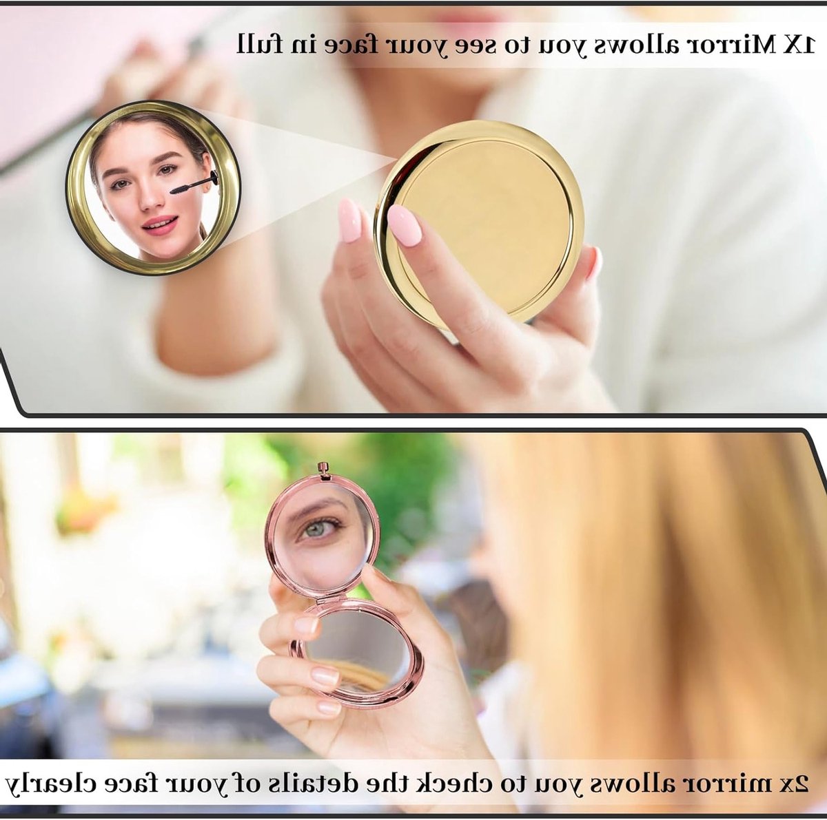 Dubbelzijdige compacte handspiegel met 1x/2x vergroting, rond en ongedistorte spiegel voor vrouwen, ideaal voor reizen en handtassen