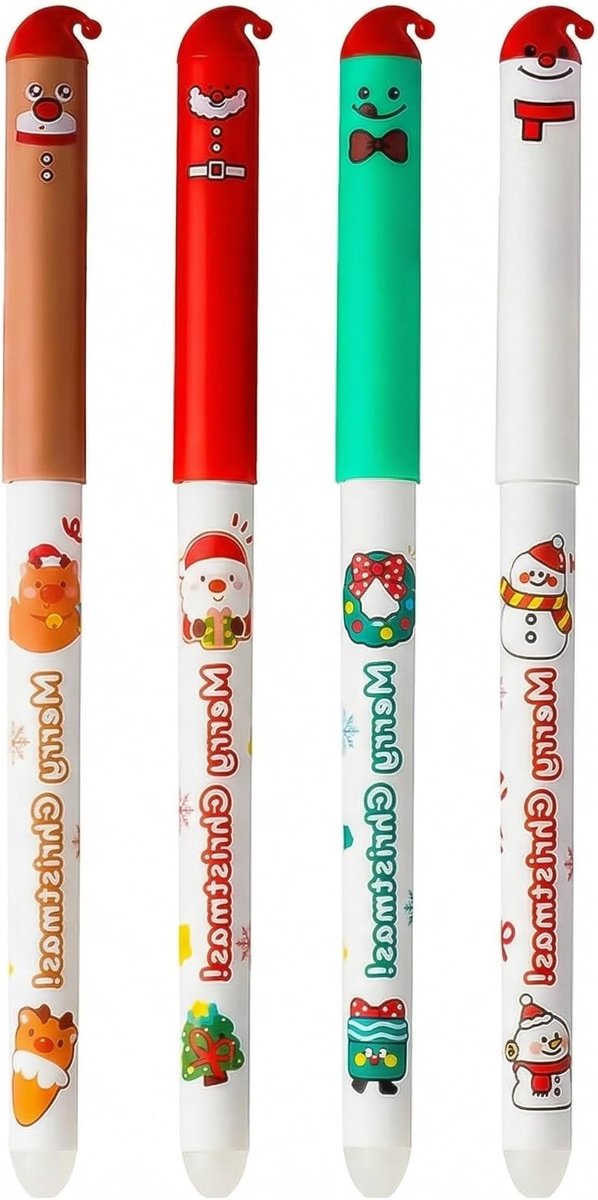 Erasable Balpen Set van 4 voor Kinderen en Studenten - Grappige Kawaii Stationery voor School en Kantoor - Perfect voor Kerstmis en Creatief Schrijven
