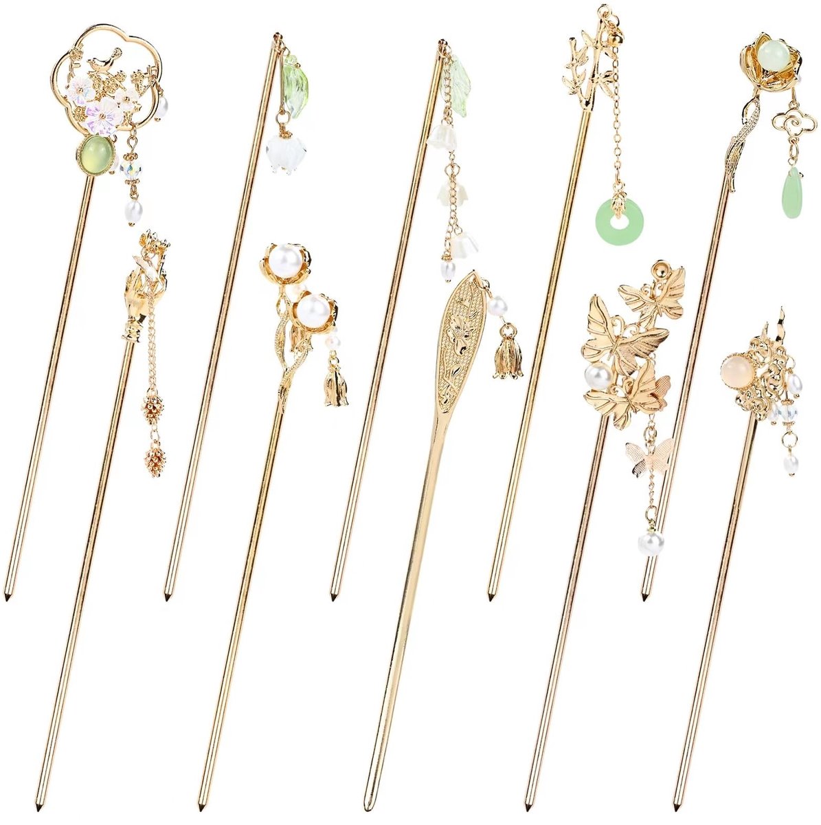 Allecto - Vintage Retro Haarstokken - Decoratieve Haarspelden - Goudkleurig - Haaraccessoires - Voor Lang Haar - Met Parels en Pendants
