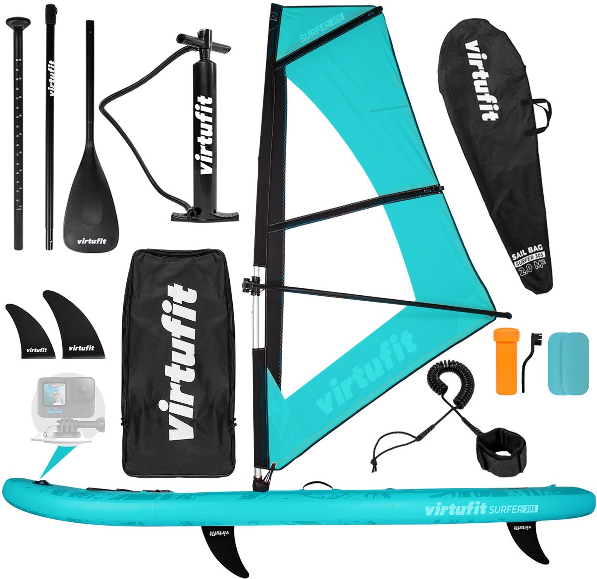 Bol.com VirtuFit Surfer Opblaasbaar SUP Board 305 cm - Met Windsurf Zeil, Accessoires & Draagtas - Inclusief Mast, Vin en Repara... aanbieding