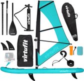 Complete set voor windsurf SUP: turquoise board, zeil, peddel, pomp, vin, draagtassen, GoPro en reparatieset.