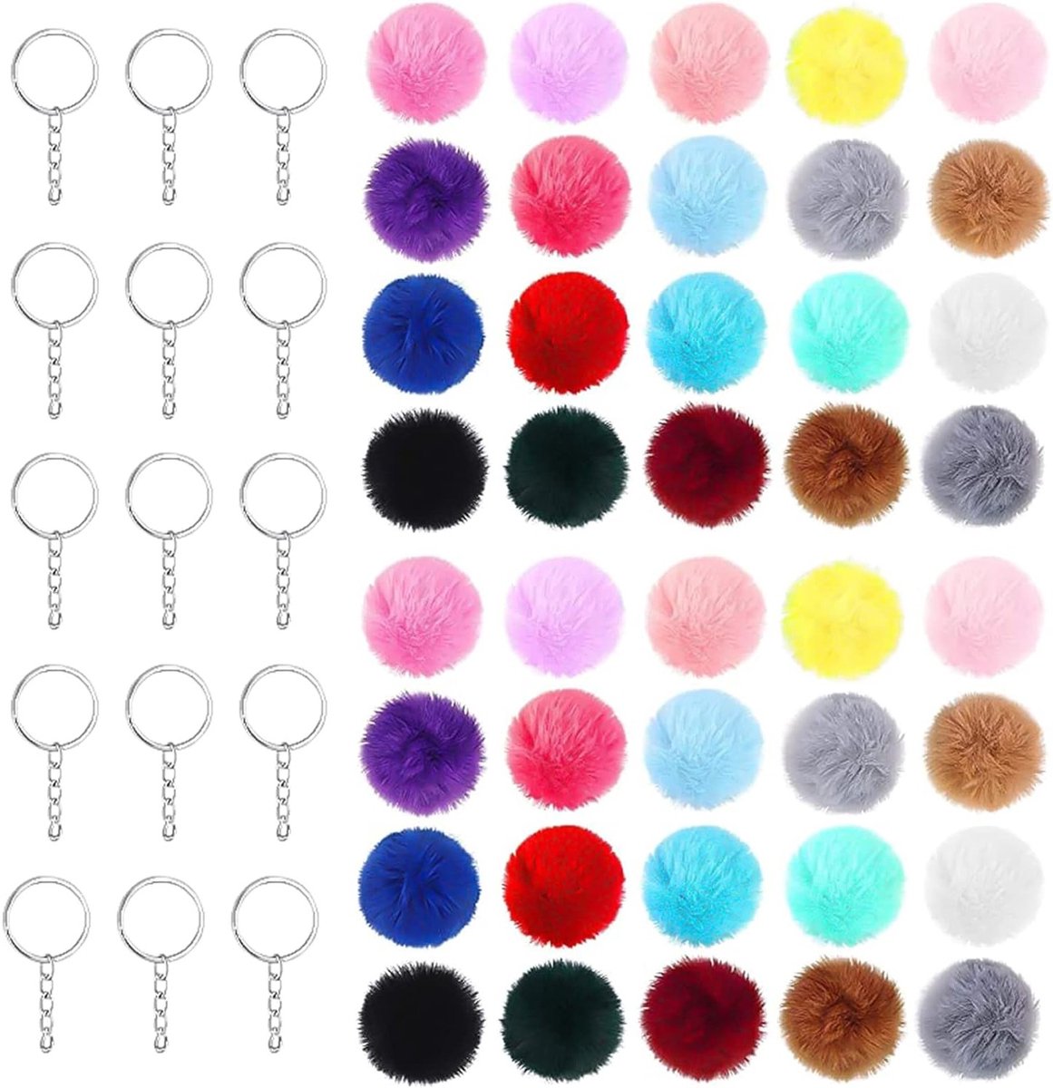 Persoonlijke Pompoms Sleutelhanger Set van 40 Stuks - Multicolor Pluche Sleutelfob met Nepbont voor Vrouwen en Meisjes