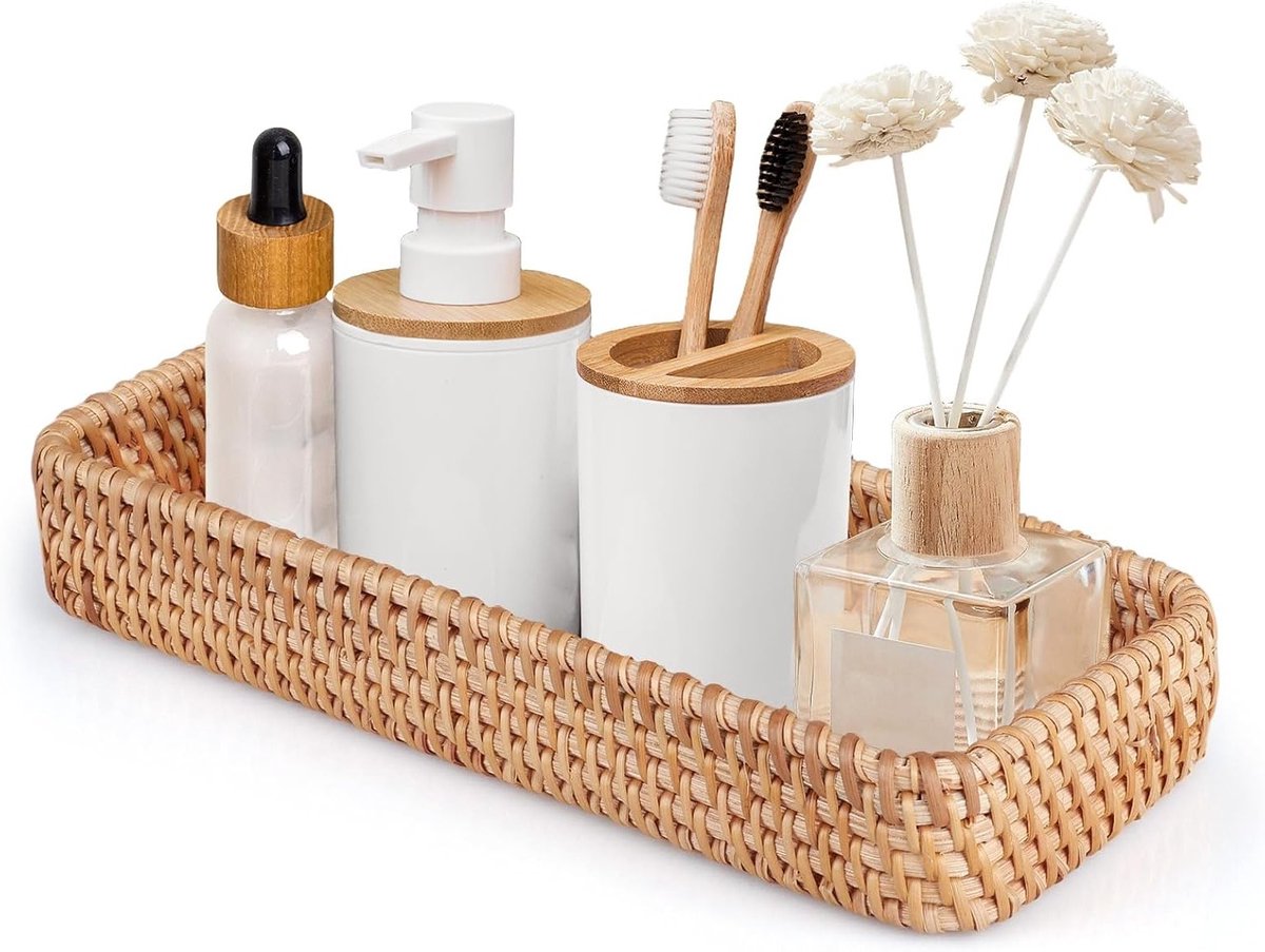 Rotan Badkamermand - Gevlochten Opbergmand - Badkamer Organisatie - Handgemaakt Decoratief - 28 cm - Natuurlijk