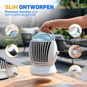 Gedetailleerde weergave van de mini airco met kenmerken zoals 500 ml tank, actief koolstoffilter, anti-slip handvat en USB-C.