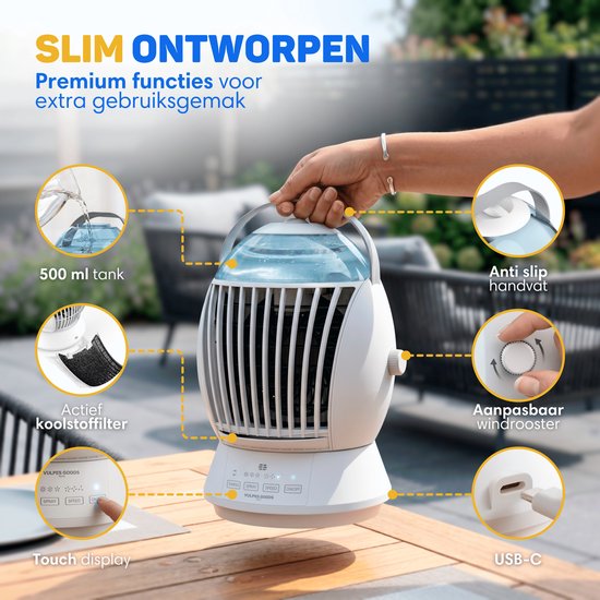 Gedetailleerde weergave van de mini airco met kenmerken zoals 500 ml tank, actief koolstoffilter, anti-slip handvat en USB-C.