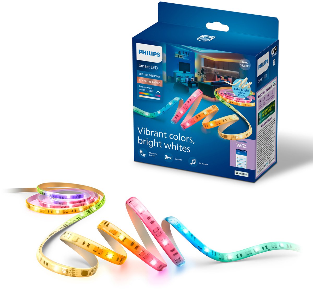 Philips Smart Lighting - LED strip - Lengte: 10m - RGBICWW - Gekleurd en instelbaar wit licht - Muzieksynchronisatie - Werkt met de WiZ app - Wifi