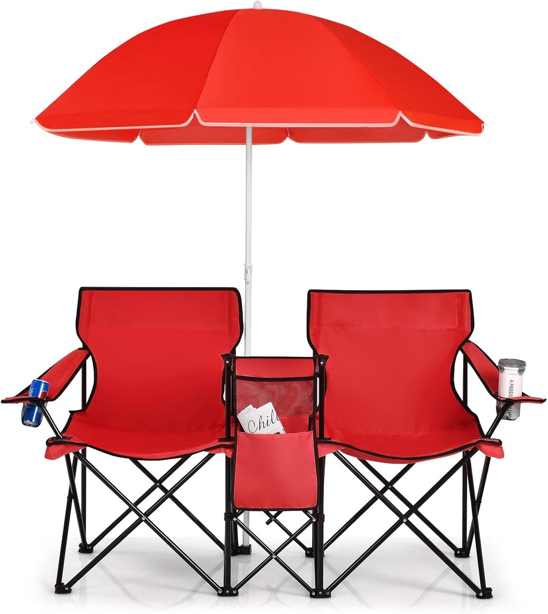 Jently campingstoel - strandstoel - kampeerstoel - strandzetel - 2 zits - opvouwbaar - parasol/koeltas/bekerhouder/zijtas - rood