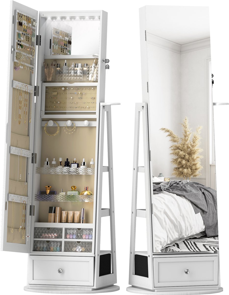 Spiegel met ledverlichting, badkamerkast met 360° draaibare spiegel, lade, slot, wit