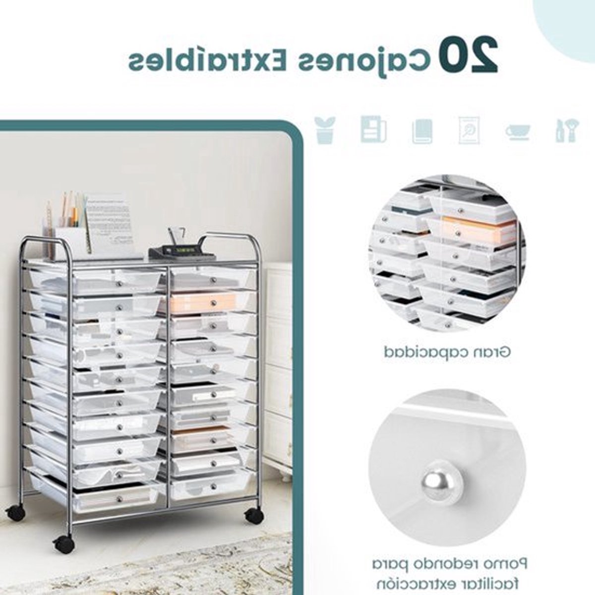 Opbergwagen – Opbergtrolley – Rollwagen – Opbergkast – Organizer – 20 Lade – Metaal & Kunststof – Verrijdbaar Met Remmen