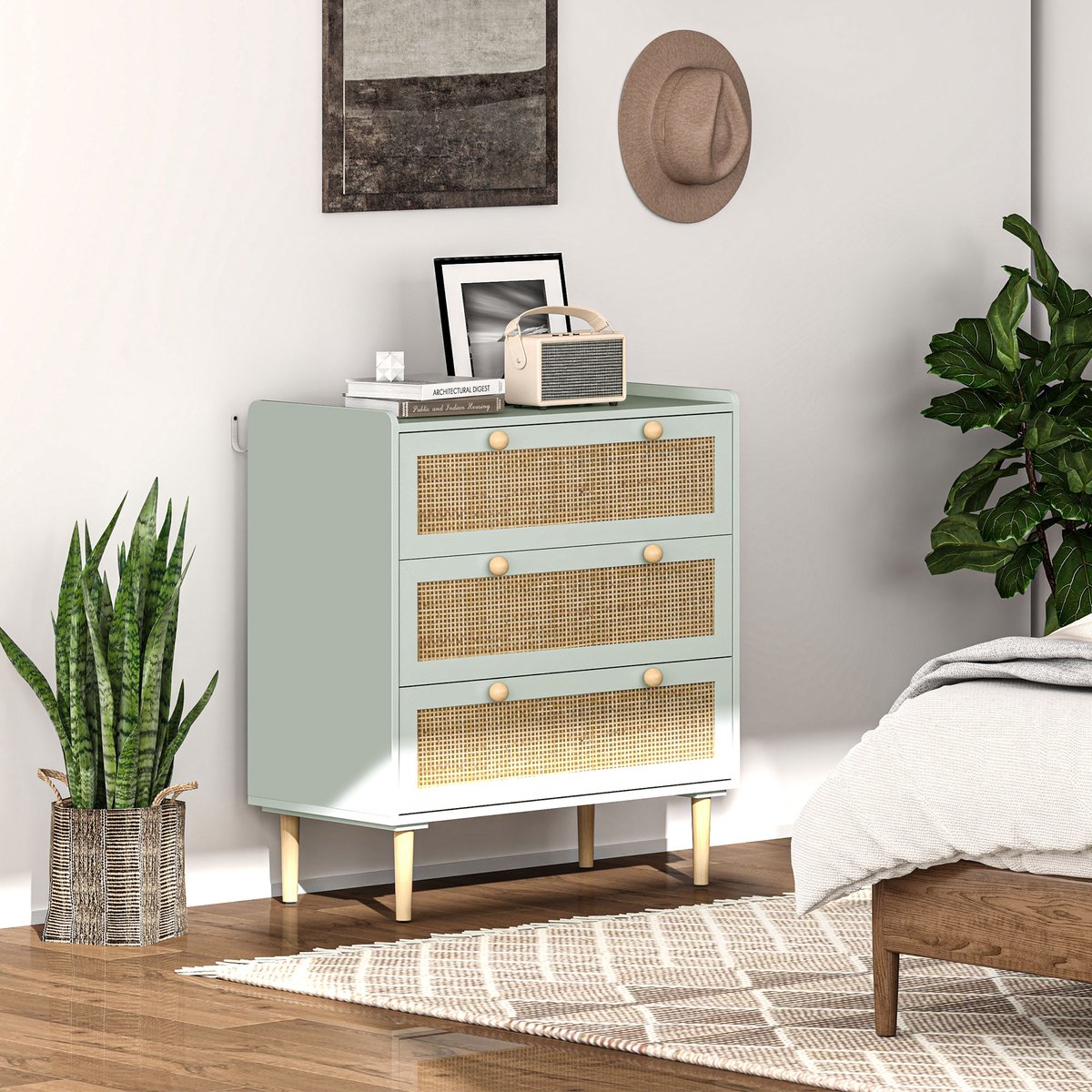 MODFU Ladekast - 3 Laden - Rattanlook - Boho - Voor Woonkamer Of Slaapkamer - Vezelplaat - Lichtblauw - 80 X 40 X 87,5 Cm Licht, Blauw
