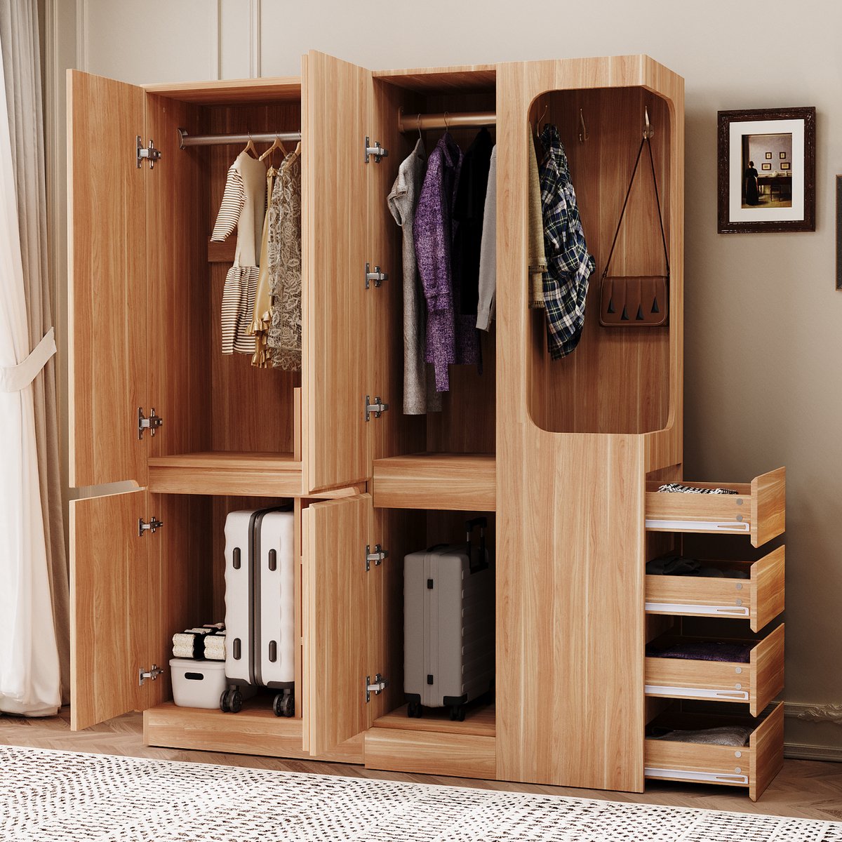 MODFU - Kledingkast - Met Laden En Opbergvakken - Minimalistisch - Slaapkamer - Hout - Naturel - 140 X 40 X 170 Cm
