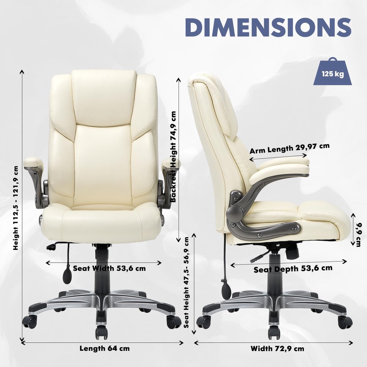 Bureaustoel Directiestoel Ivoor – House&Garden Executive Comfort Pro Ergonomische Kantoorstoel met Opblaasbare Lendensteun, Opklapbare Armleuningen, Hoge Rugleuning, Kunstleer, 360° Draaibaar, Verstelbare Kantelfunctie – Luxe Computerstoel tot 125 kg