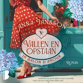 Couverture du livre "Vallen en opstaan in Salon d'Amour" d'Anna Jansson. Une femme en robe rouge à pois, avec des hortensias bleus.