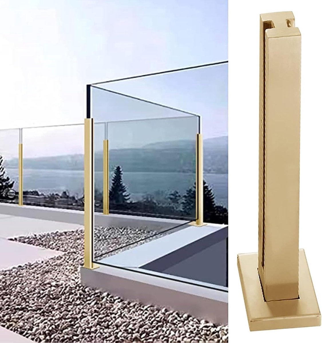 Glazen balustrade palen - Glazen leuning vierkant - Terras afscheiden - Goudkleurig design - Verbindingsklemmen - Goud