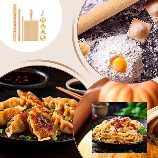 Deegmaker Set - Pastamaker Keukengerei - Zelf Pasta Maken - 8-Delige Gereedschapsset - N.v.t. - Houtkleur — afbeelding 4