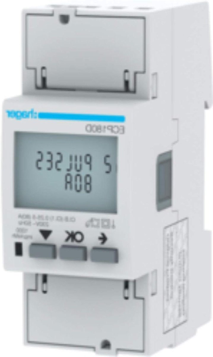 Energiemeter 1-fase - Stroommeter Elektriciteitsmeter - Energie Verbruik Meten - MID Gecertificeerd - 2 Module - Grijs