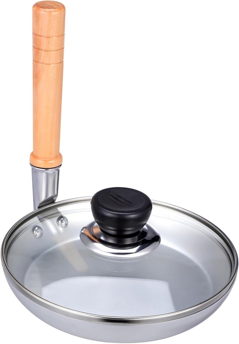 Oyakodon Pan - Japanse Koekenpan - Ontbijt Maken - Verticaal Houten Handvat - 18.6 cm - Zilver