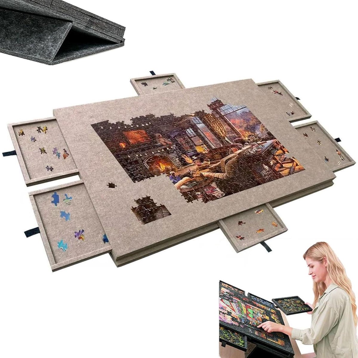 Puzzelbord met Laden - Opbergkoffer Puzzel - Puzzels Sorteren - 2-in-1 Standaard Deksel - 1000 Stukjes - Donker Camel