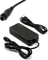 Zwarte acculader met stekkers, inclusief een Europese stekker en een 5-polige ronde connector.