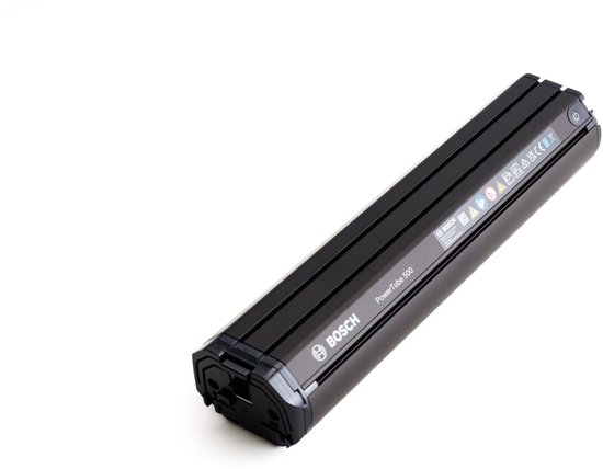 Zwarte Bosch PowerTube 500 fietsaccu met tekst en logo, staand op een witte achtergrond.