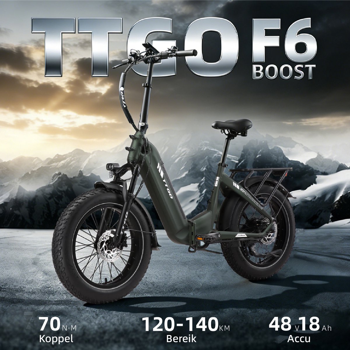 TTGO F6 Boost Elektrische Fiets – 250W Motor - 48V18Ah Lithium Accu – Actieradius tot 140 km – Hydraulische Schijfremmen – 20×4.0 inch Fatbike Banden - Shimano 7 Versnellingen - Vouwfiets - Donkergroen thumbnail 5