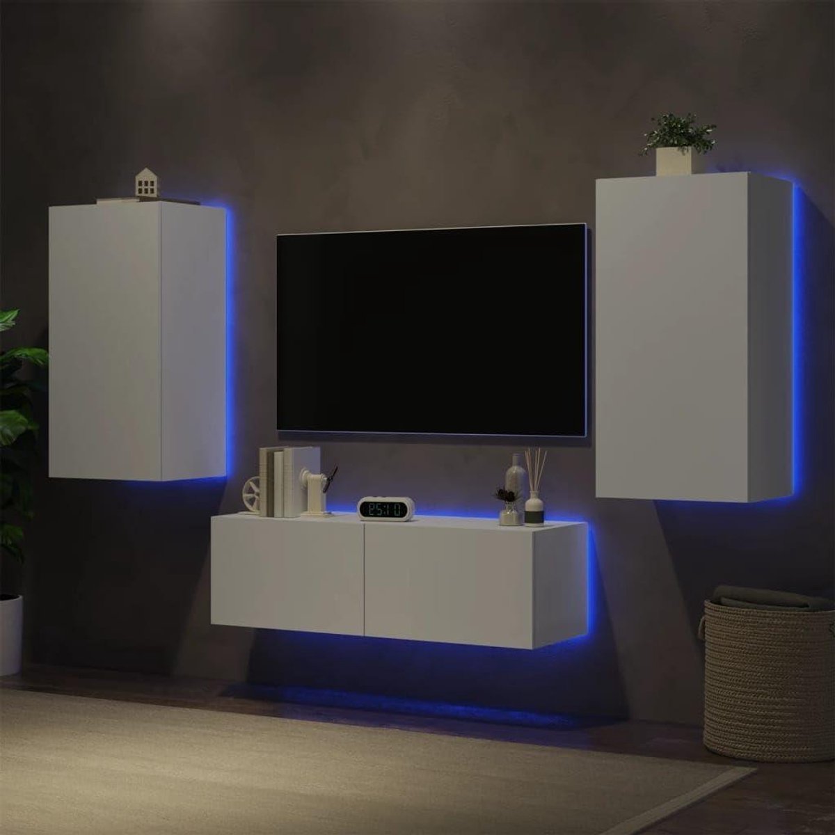 TV Meubel Set - Wandmeubel Media - Woonkamer Opbergen - Met LED Verlichting - 3 Delig - Wit