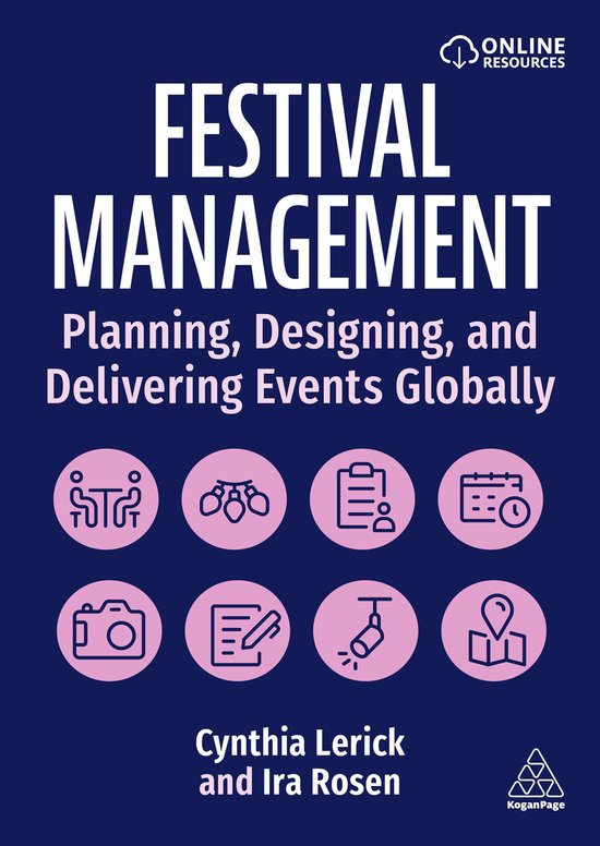 Boek 'Festival Management: Planning, Designing, and Delivering Events Globally' met pictogrammen voor planning, ontwerp, uitvoering en evenementen.