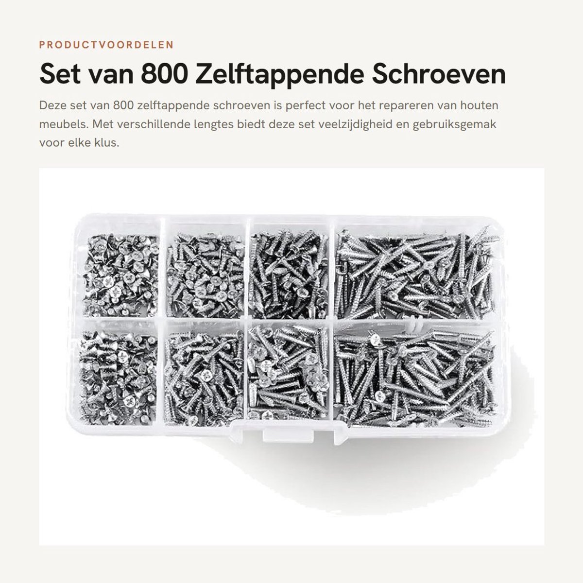 Dailygoods- Zelftappende Schroeven 800 Stuks - Assortiment Kit - Platte Kop - Vernikkeld Koolstofstaal - Houten Meubels - Hersluitbare Doos