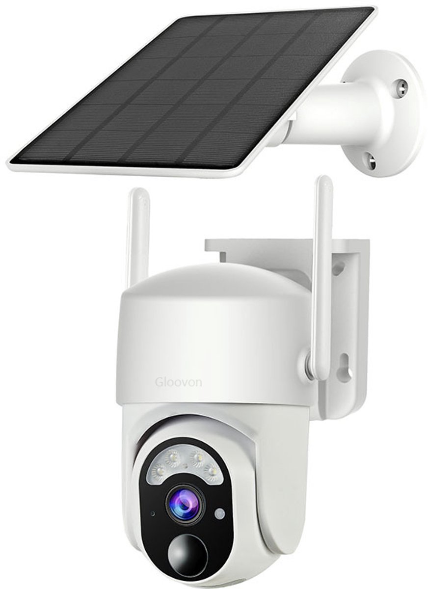 Gloovon® Beveiligingscamera Buiten op Zonne-energie - 360° PTZ - WiFi - PIR Menselijke Detectie - IP65 Waterdicht - Wit