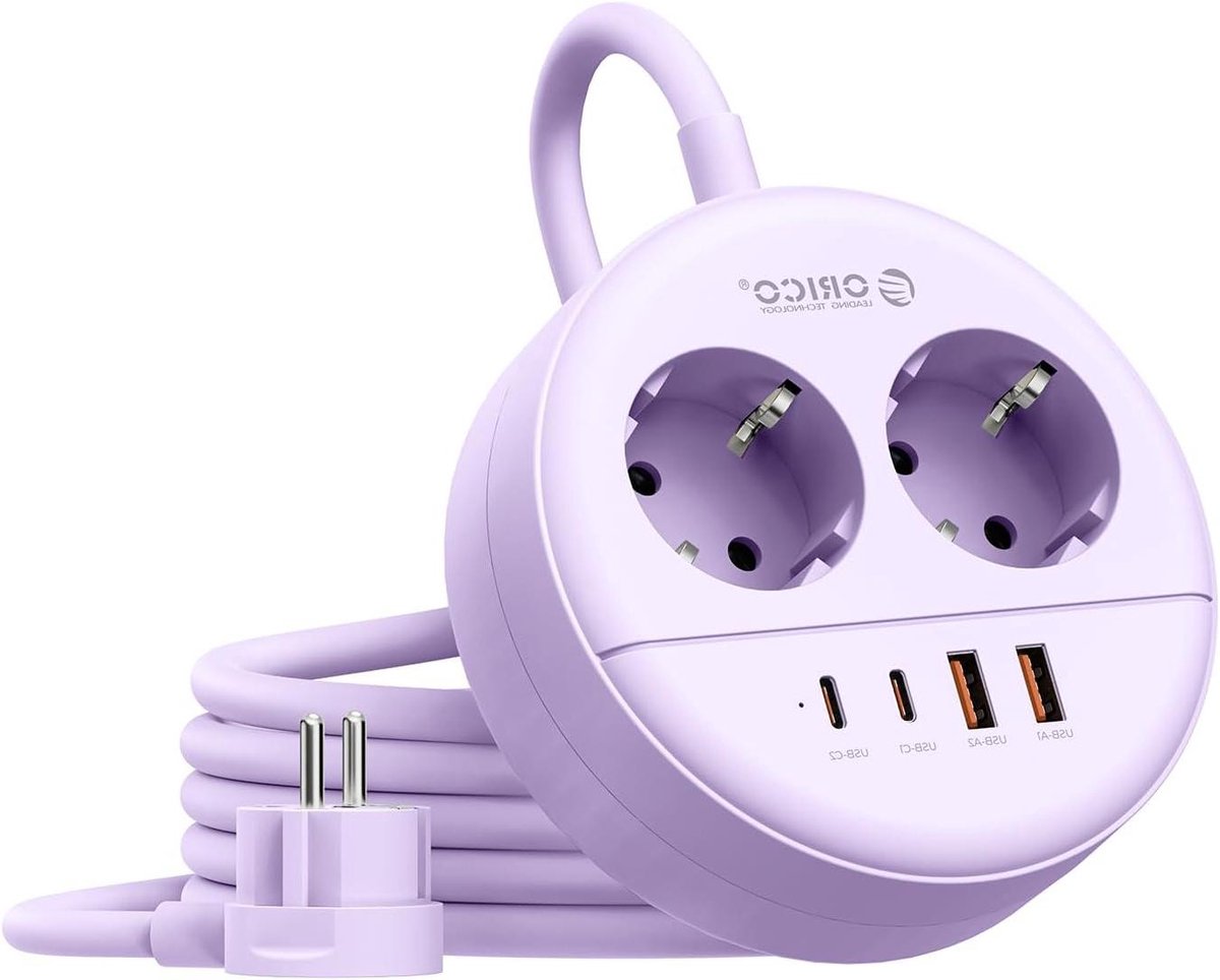 Ronde stekkerdoos - Meervoudig stopcontact - Apparaten opladen - Met USB-C poorten - 15 meter kabel - Paars