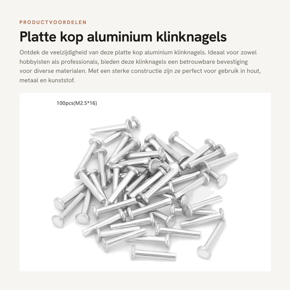 Dailygoods- Klinknagels 100st - Platte Kop - Aluminium - Verzonken - M2.5 x 16mm - Duurzaam - Popnagels