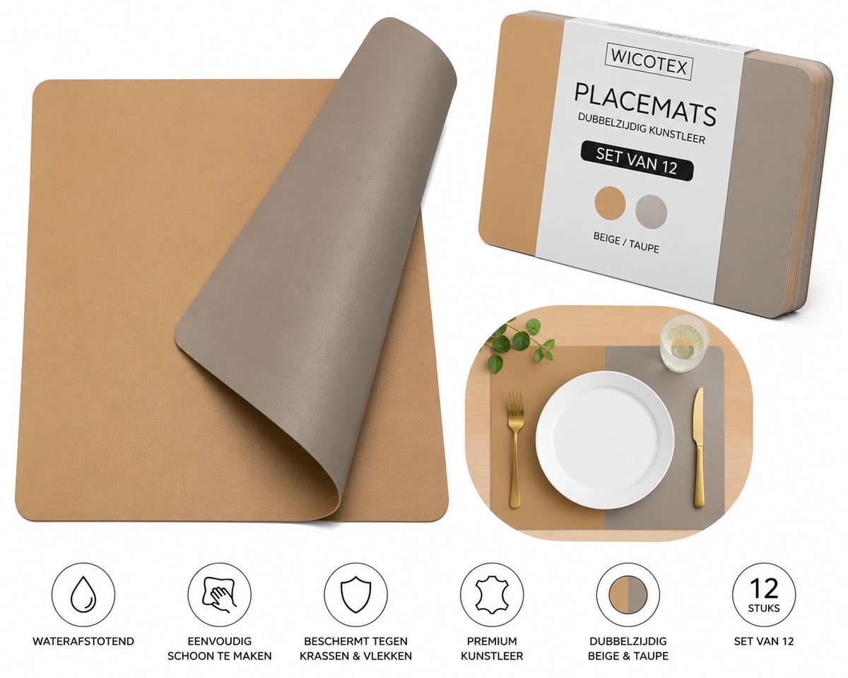 Wicotex - Placemats - Placemat Kunstleer Desert - Taupe Moon - Dubbelzijdig 12 stuks