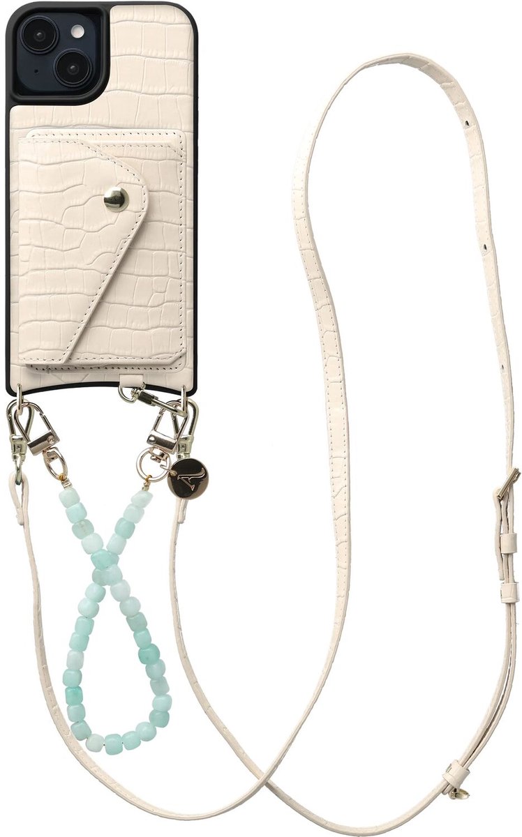 AVY Leren Hoesje geschikt voor Apple iPhone 14 / 13 | Met Koord en Kaarthouder | Compatibel met MagSafe | Leather Case met Polsand & Crossbody Koord & Wallet | Cubiq Leather Set | Croco Beige