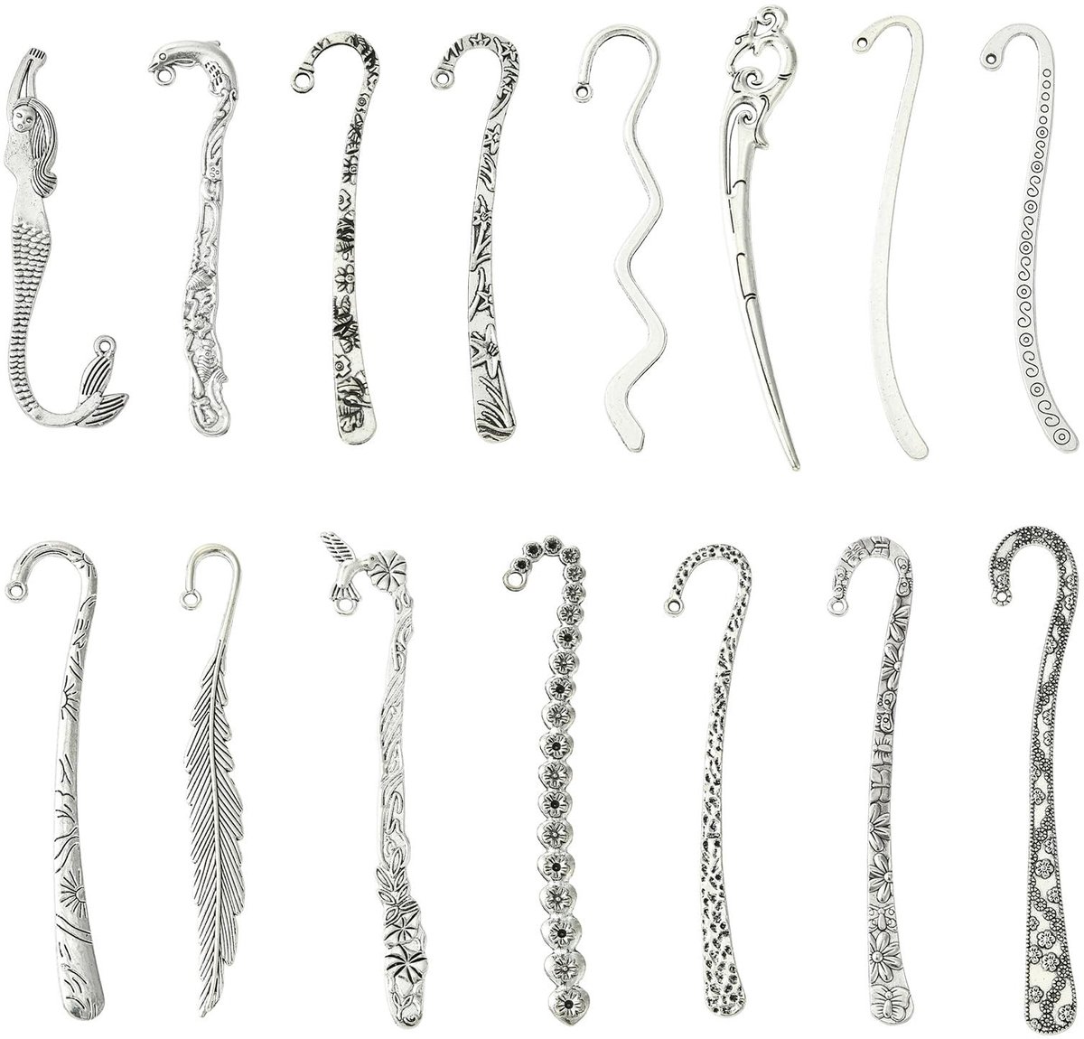Dailygoods- Boekenleggers 30 Stuks - Metalen Boekenleggers - Vintage Zilveren Legering - 15 Stijlen - Afmetingen 80-125 mm - Voor Doe-Het-Zelfprojecten - Bladwijzers