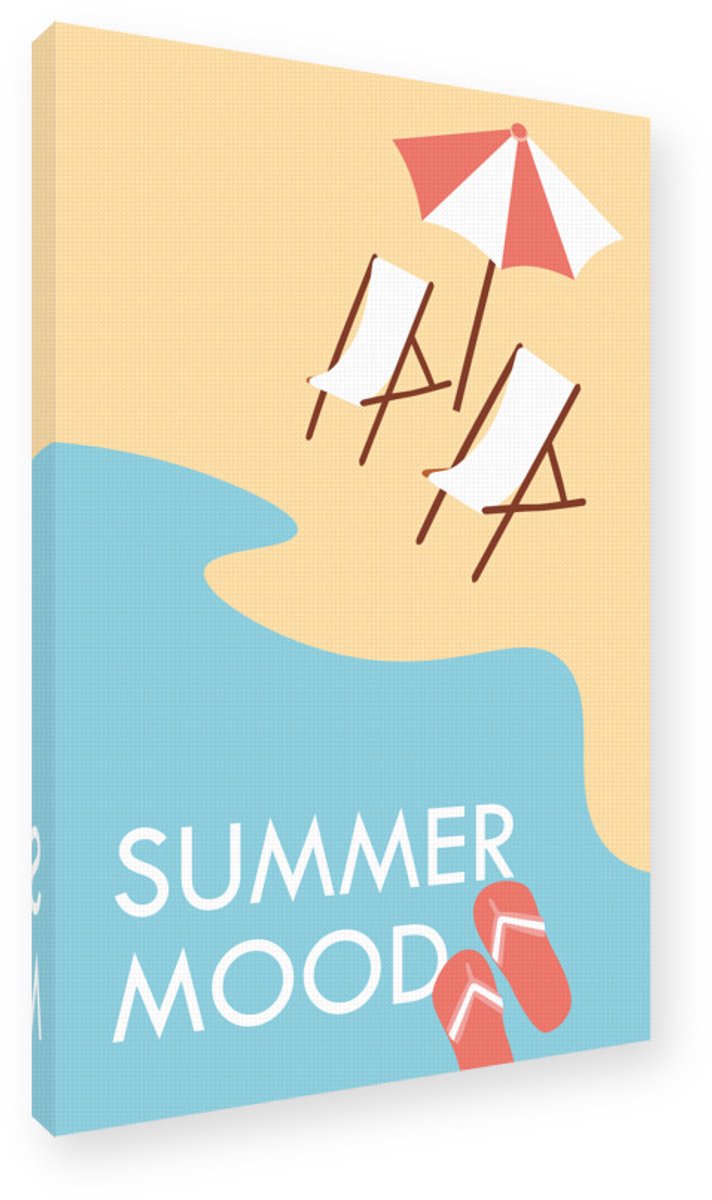 Zomer Strand Schilderij 20x30 cm - Canvas op Frame Wanddecoratie - Ligstoelen Parasol Kunstdruk - Vakantie Sfeer