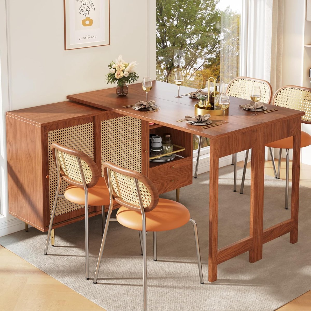 Ravello Luxe Uitschuifbare 360° Draaibare Bartafel met Opbergkast 107 x 40 x 76 cm, Rattan Deuren, Open Opbergrek en Multifunctioneel Design voor Keuken en Eetkamer