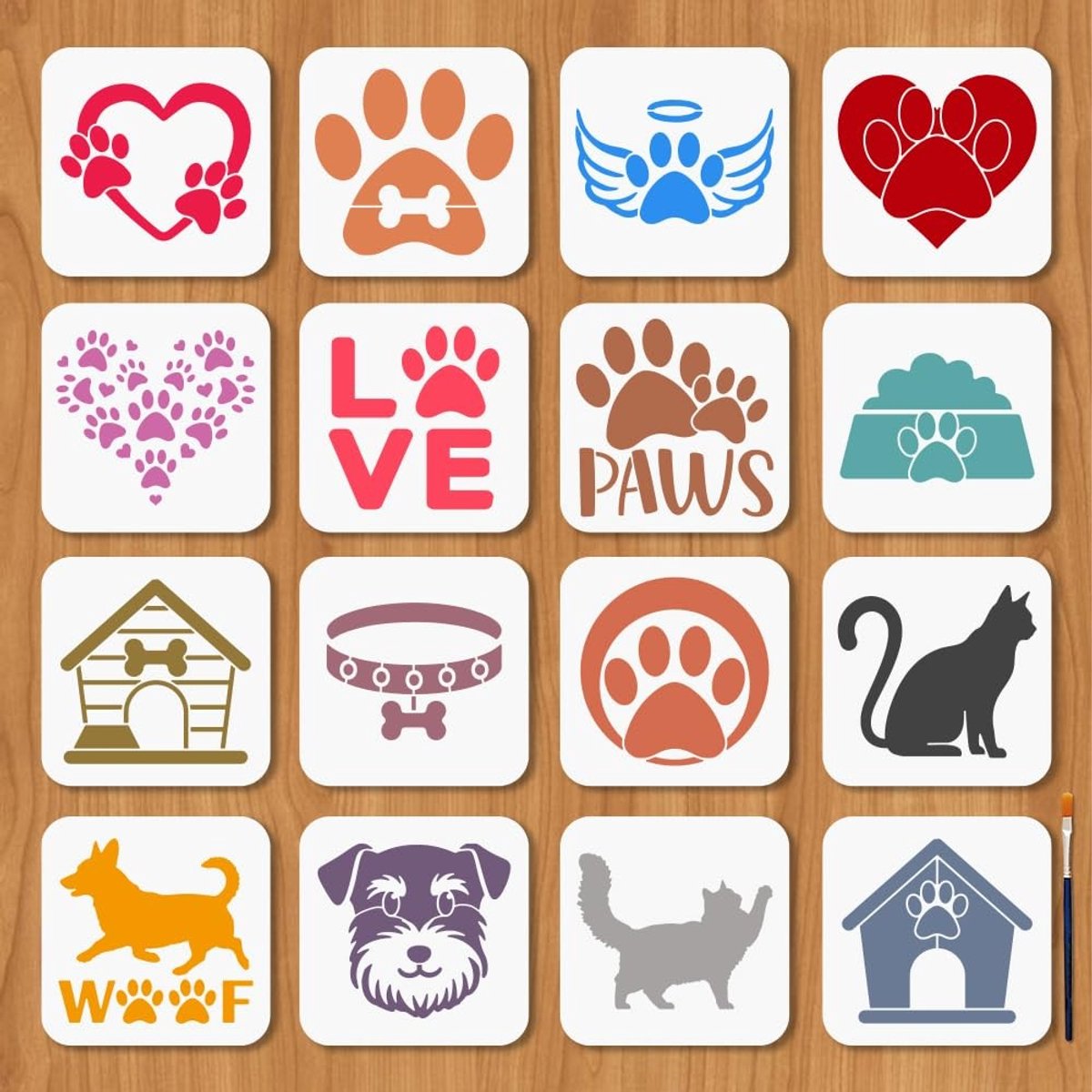 Dailygoods- Pootafdruksjablonen 16 stuks - Kunststof - 15 x 15 cm - Honden/kat sjablonen - Decoraties - Schilderkwast 16,9 cm - Schildersjablonen