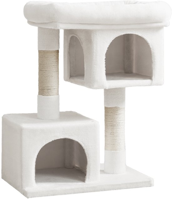Off-white kattenboom met twee vierkante huisjes en een rond plateau bovenaan. Bedekt met pluche stof en sisalpalen.