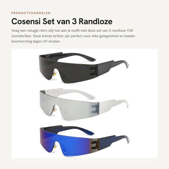 Dailygoods- Zonnebril 3 Stuks - Randloze Y2K Zonnebril - Punk Zonnebril - UV-Bescherming - Duurzaam PC-Materiaal - Versterkte Scharnieren - Zonnebrillen van Dailygoods — afbeelding 3