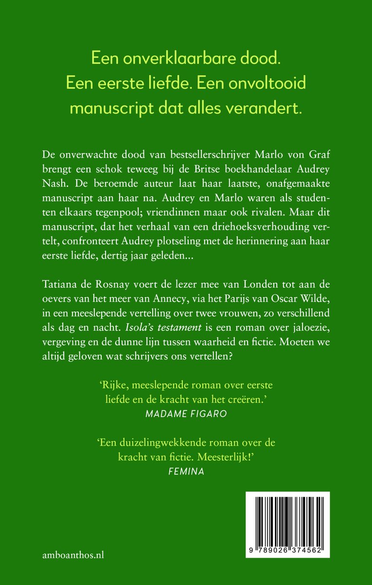 Boekcover met de titel 'Een onverklaarbare dood. Een eerste liefde. Een onvoltooid manuscript dat alles verandert.' op een groene achtergrond.