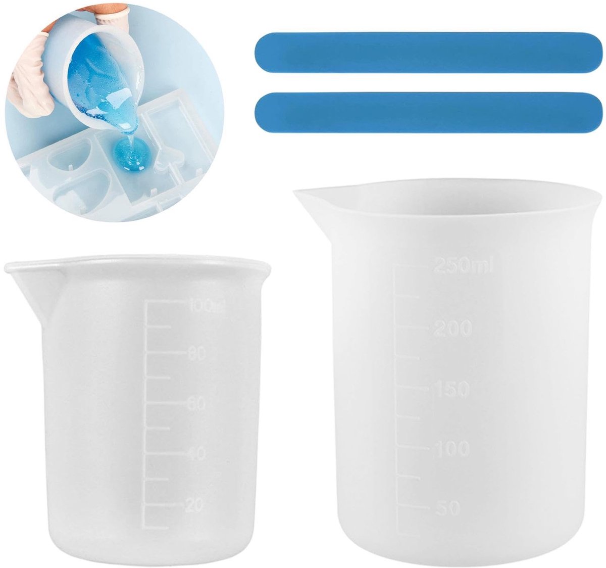 Dailygoods- Maatbekerset 250 ml/100 ml - Siliconen Beker - Roerstaafjes - Gieten - Epoxyhars - Gemakkelijk te Reinigen - Meetbekers
