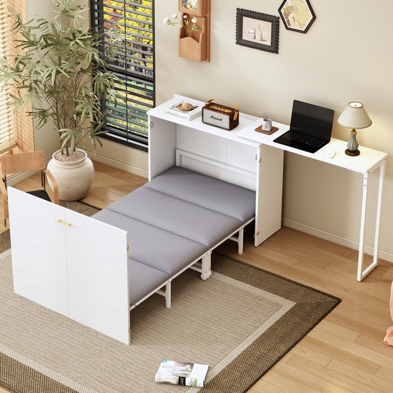 MODENUIT Opklapbed 90x200 cm – Draaibaar Bureau – Verrijdbaar Kastbed – Ruimtebesparend – Metaal en Hout – Met matras – Wit