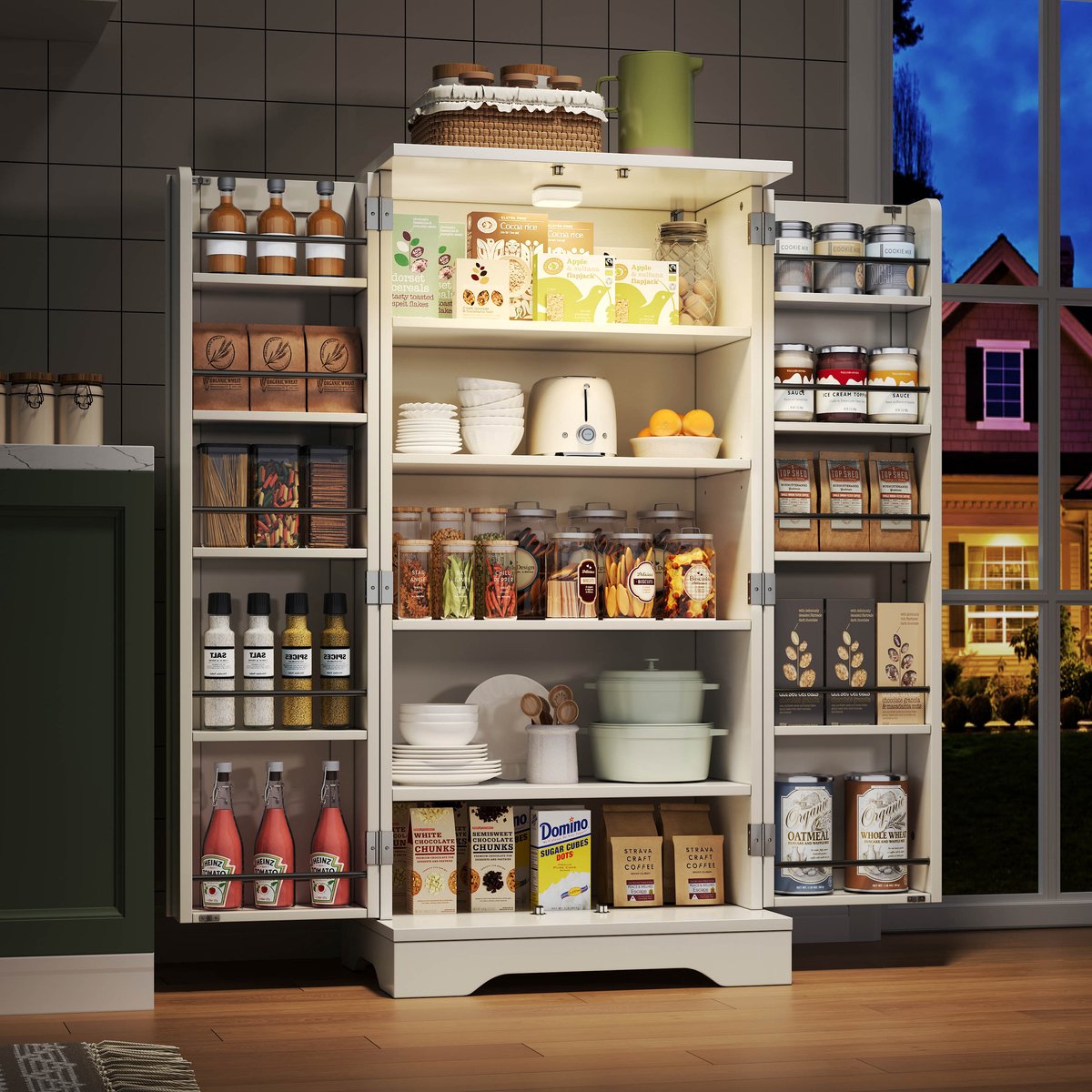 Keukenkast van 120x60x40 cm met LED-sensorverlichting, grote opbergkast met 2 deuren, verstelbare planken en deurvakken – geschikt voor keuken, eetkamer of woonkamer, wit