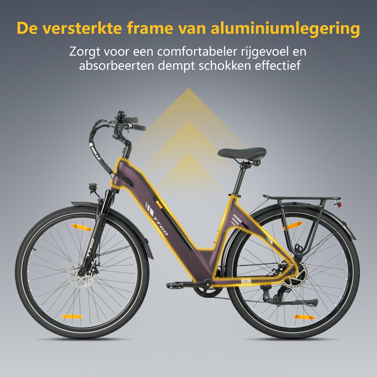 Elektrische Fiets TTGO C3 - 36V 18AH Accu - Actieradius Tot 120 Km - 28×2.0 Inch Wielen- Aluminium Lage Instapframe -Shimano 7 Versnellingen - Mechanische Schijfremmen - LCD Display - Elektrische Stadsfiets - paars thumbnail 7
