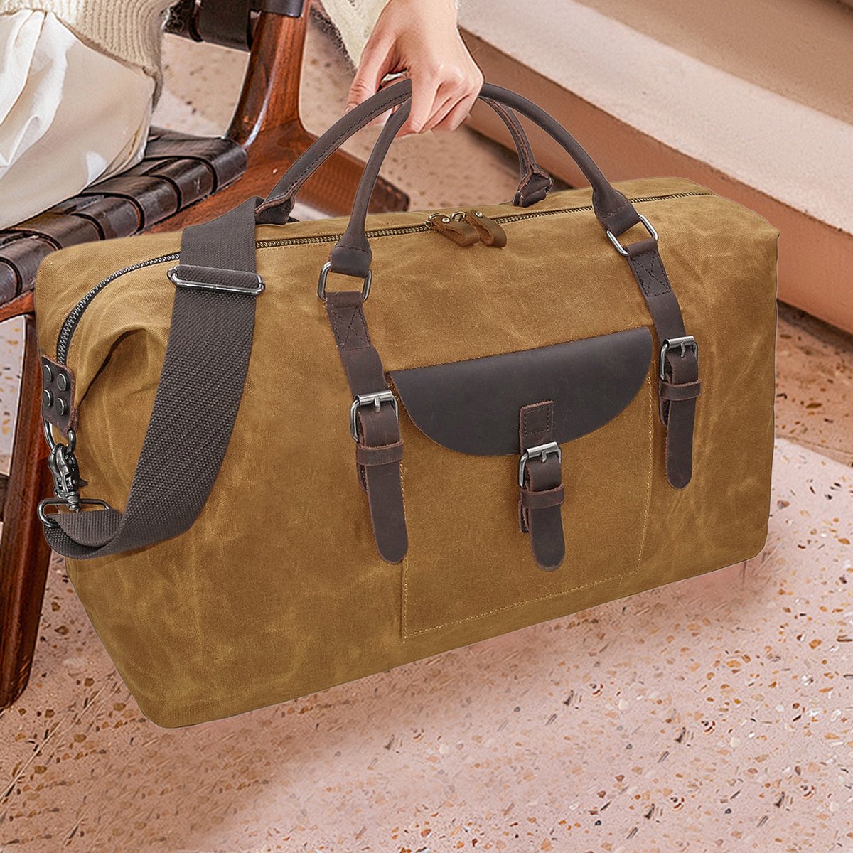 FloraGrace Reistas – Ruim En Veelzijdig – 54 X 27 X 32 Cm – Canvas En Rundleer – Khaki – Weekendtrips En Zakelijke Reizen – Met Verstelbare Schouderriem