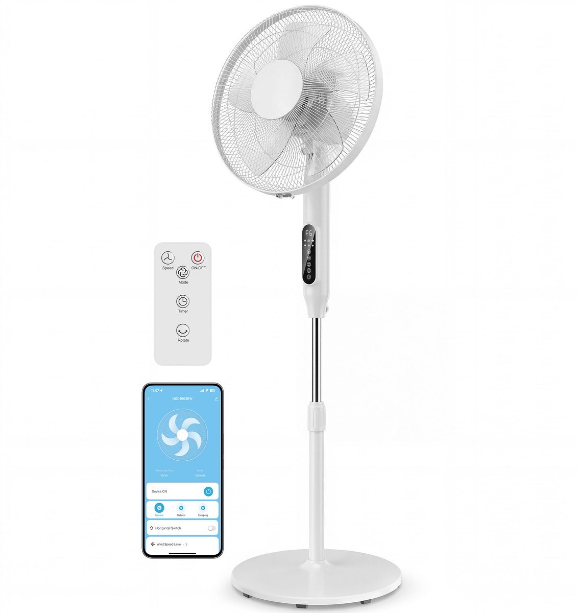 Statiefventilator - Staande Ventilator Met Wifi En Afstandsbediening - Verstelbare Hoogte - 3 Snelheden - 85° Oscillatie - 15 U Timer - Woonkamer - 45x42x138cm - Wit
