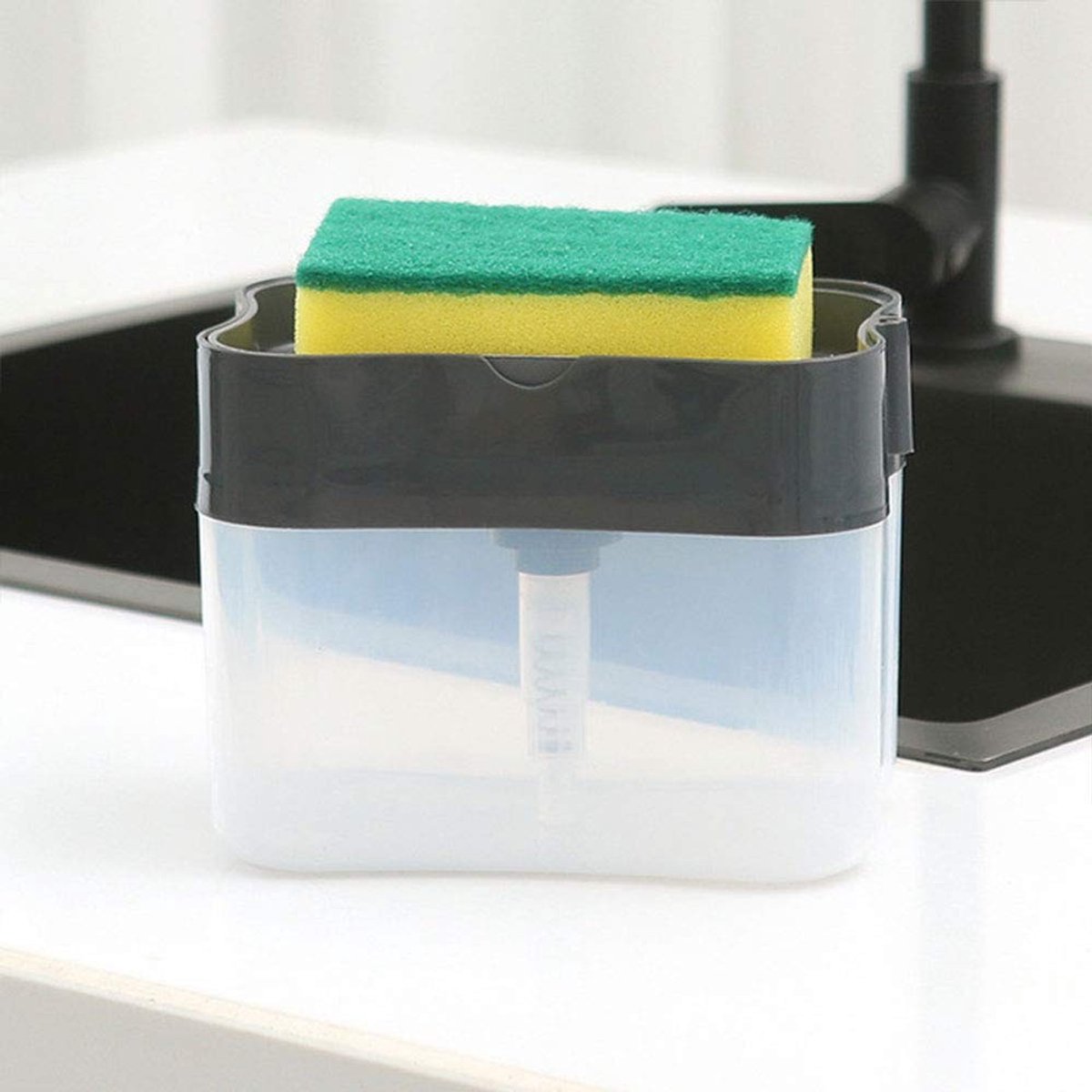 Dailygoods- Zeepdispenser 2 in 1 - Vaatwaszeep Dispenser - Sponshouder - Handmatige Pers - Duurzaam PVC - Ruimtebesparend Ontwerp - Afwaszeepdispenser