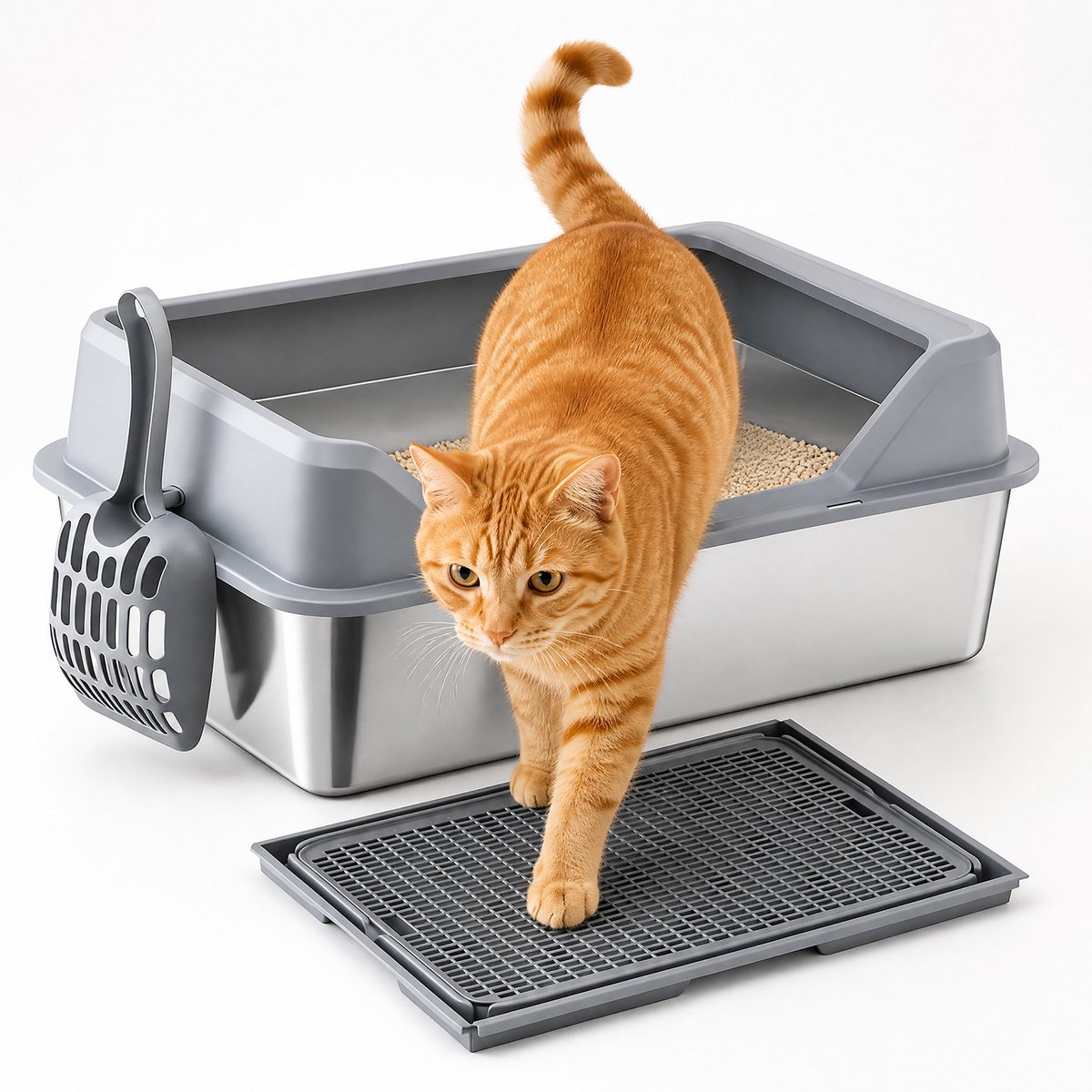 Roestvrijstalen Kattenbak Grote Maat - Anti Spat Open Kattenbak Set - Met Kattenbakmat En Schep - Lichtgrijs Laag Model 50×35×20 cm Katten Toilet